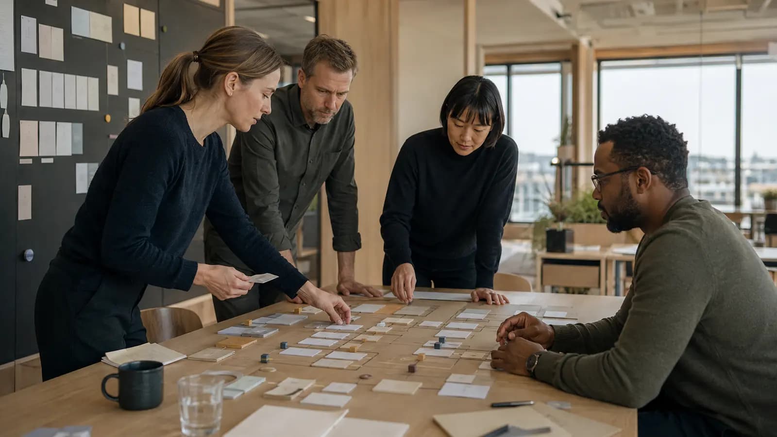 Et team kortlægger opgaver og ansvar på en stor arbejdsflade