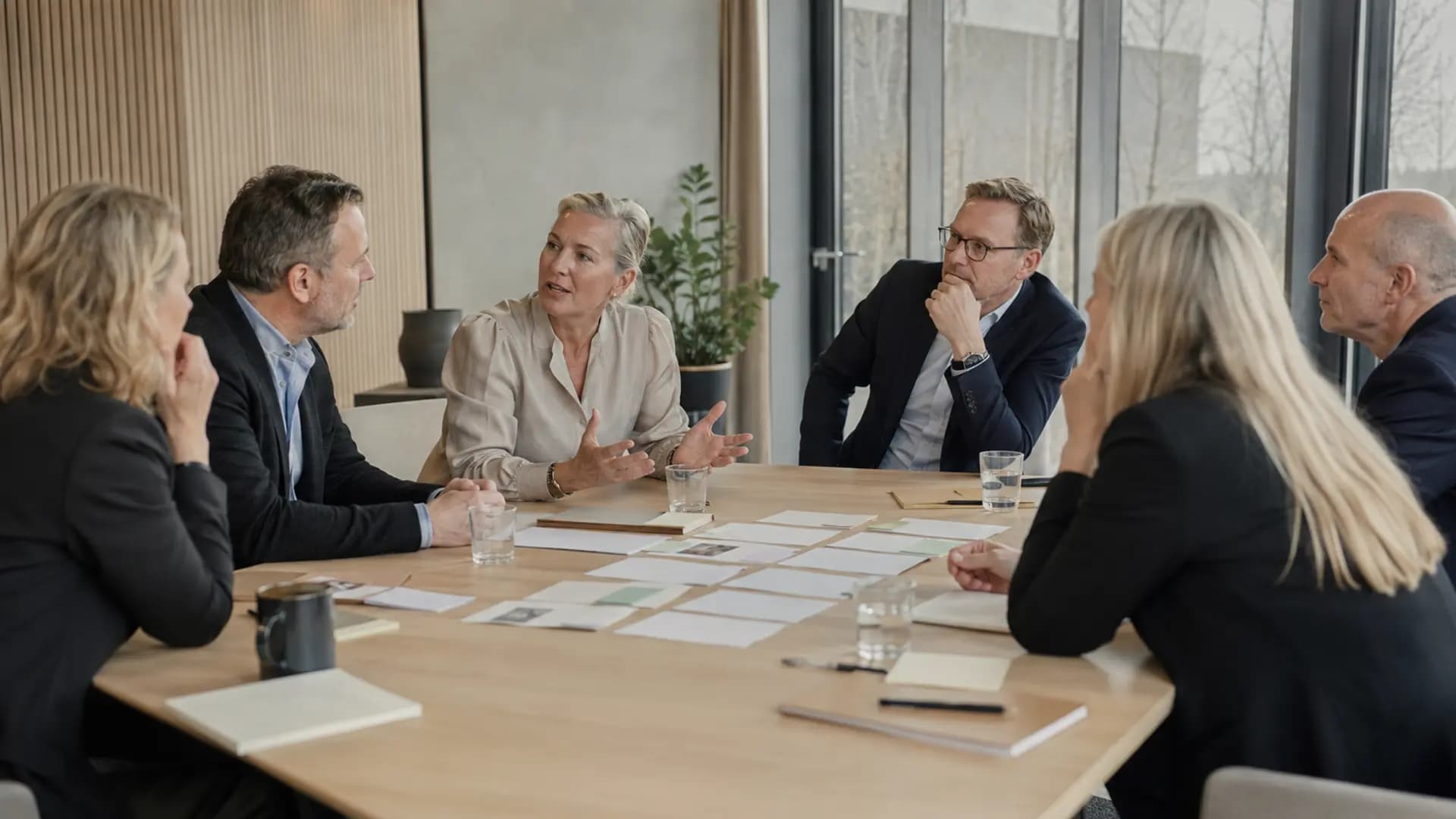 En ledergruppe drøfter fælles prioriteringer og ansvar omkring et bord