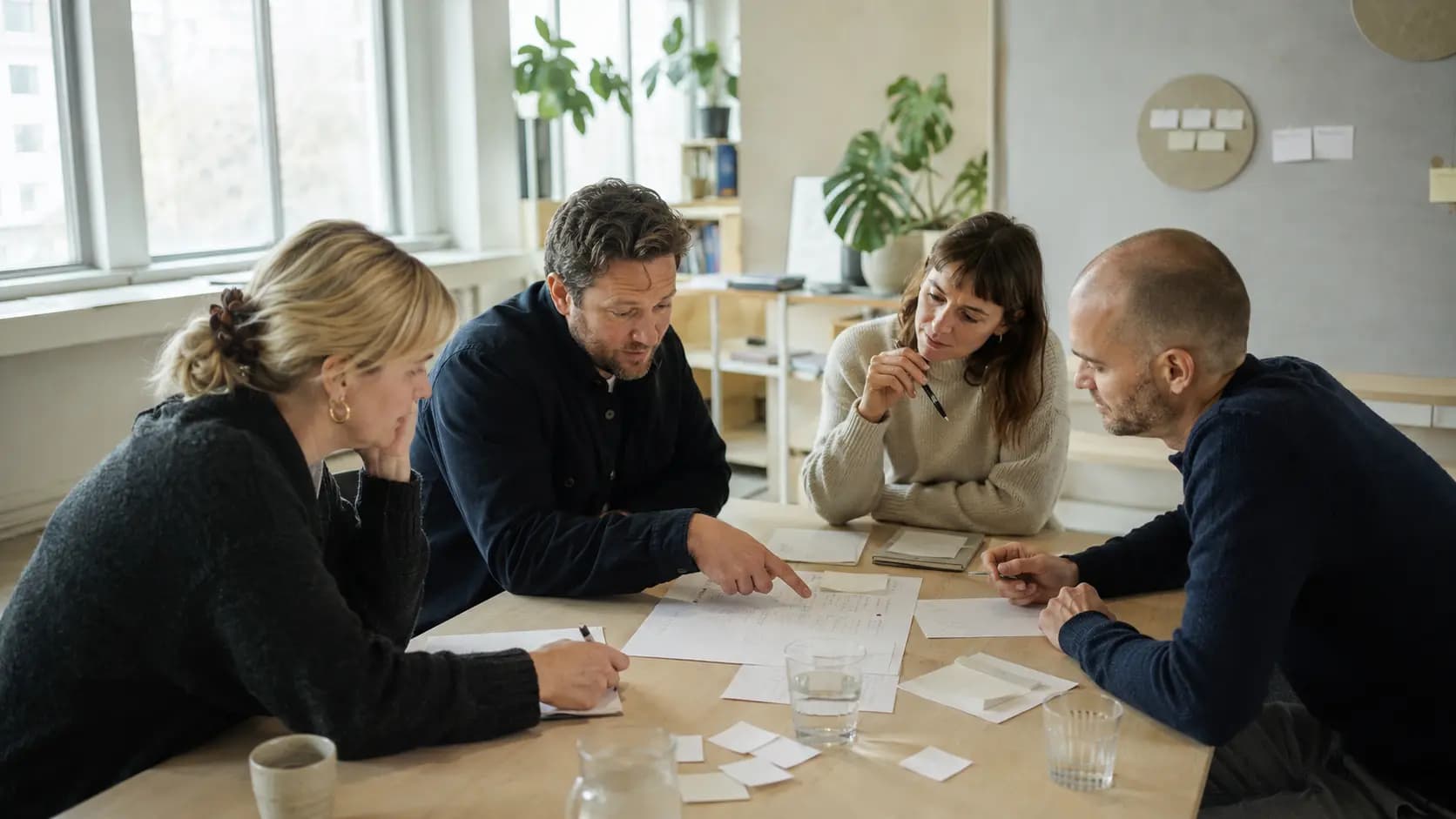 Et team genbesøger sine arbejdsaftaler ved et opfølgningsmøde