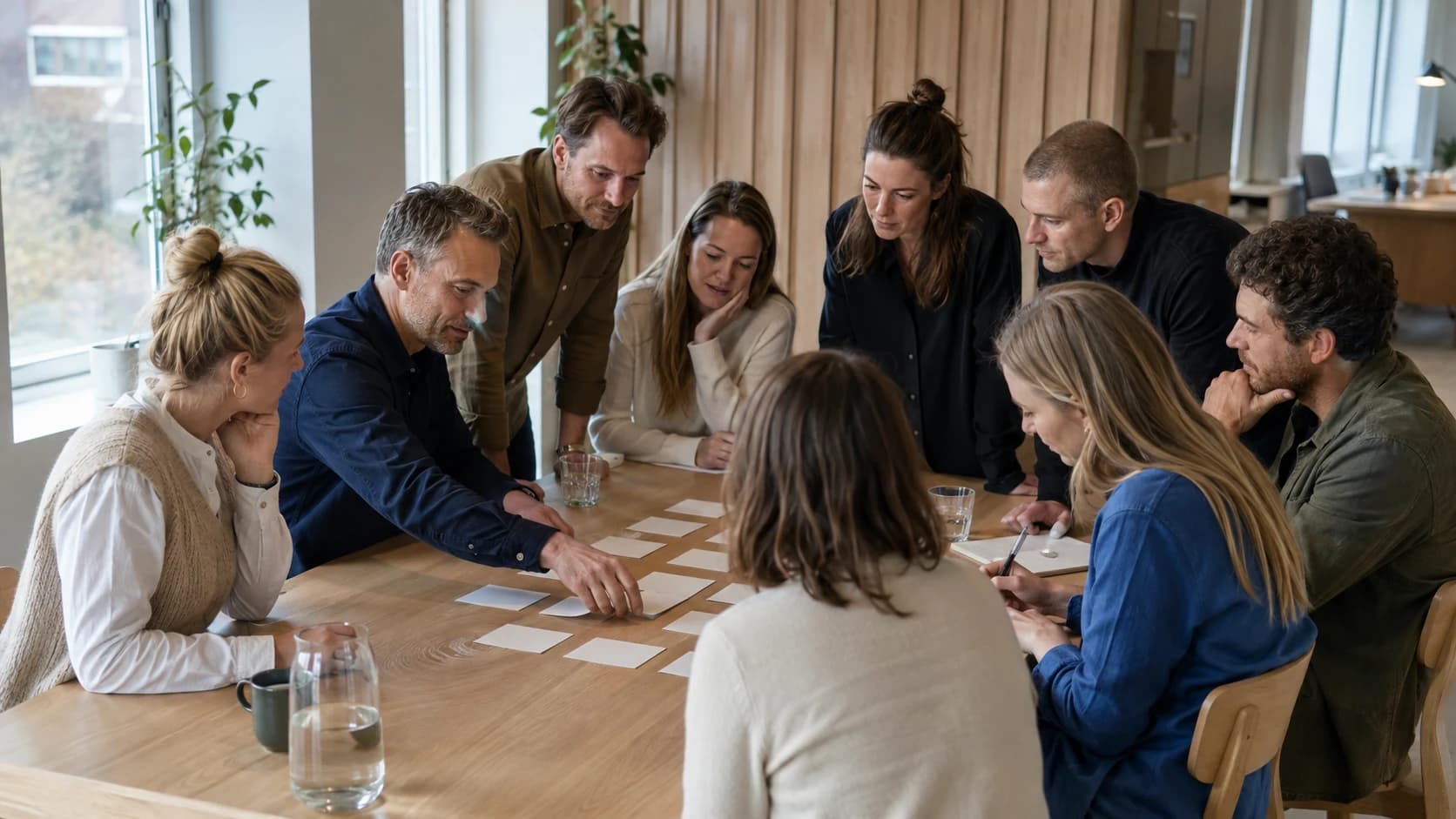 Et team prioriterer og drøfter konkrete emner omkring et arbejdsbord