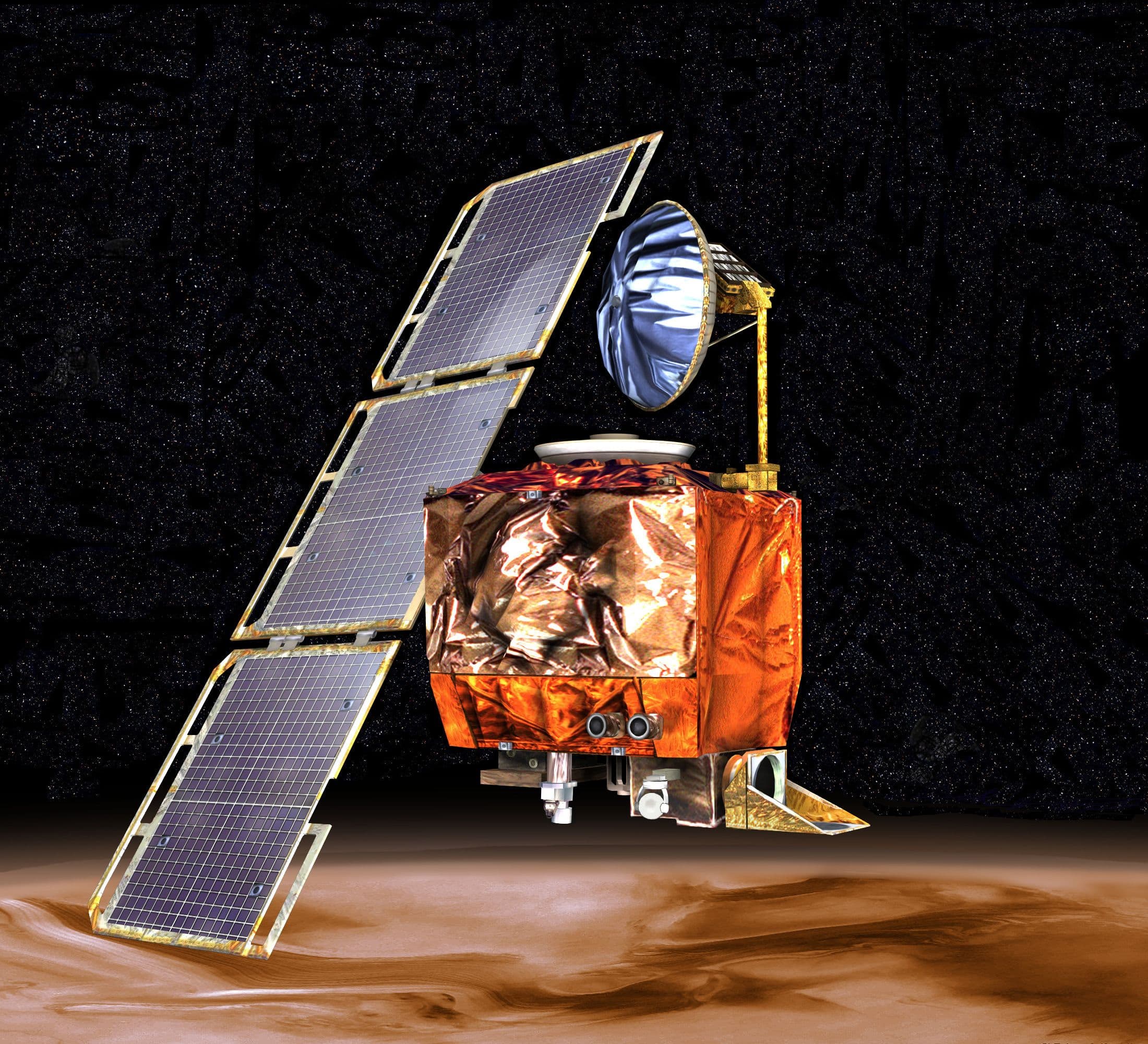 NASA/JPL-Caltechs illustration af rumsonden Mars Climate Orbiter over Mars