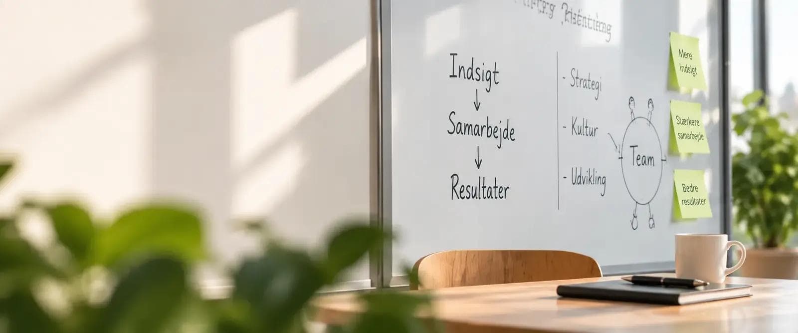 Lyst møderum med whiteboard, noter og arbejdsflade
