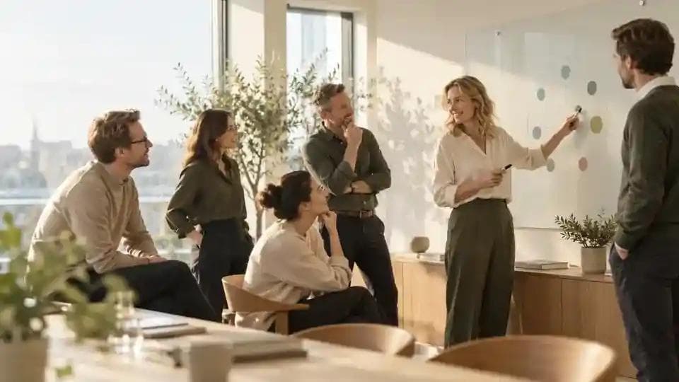 Et team arbejder sammen i et lyst nordisk møderum under en faciliteret teamanalyse